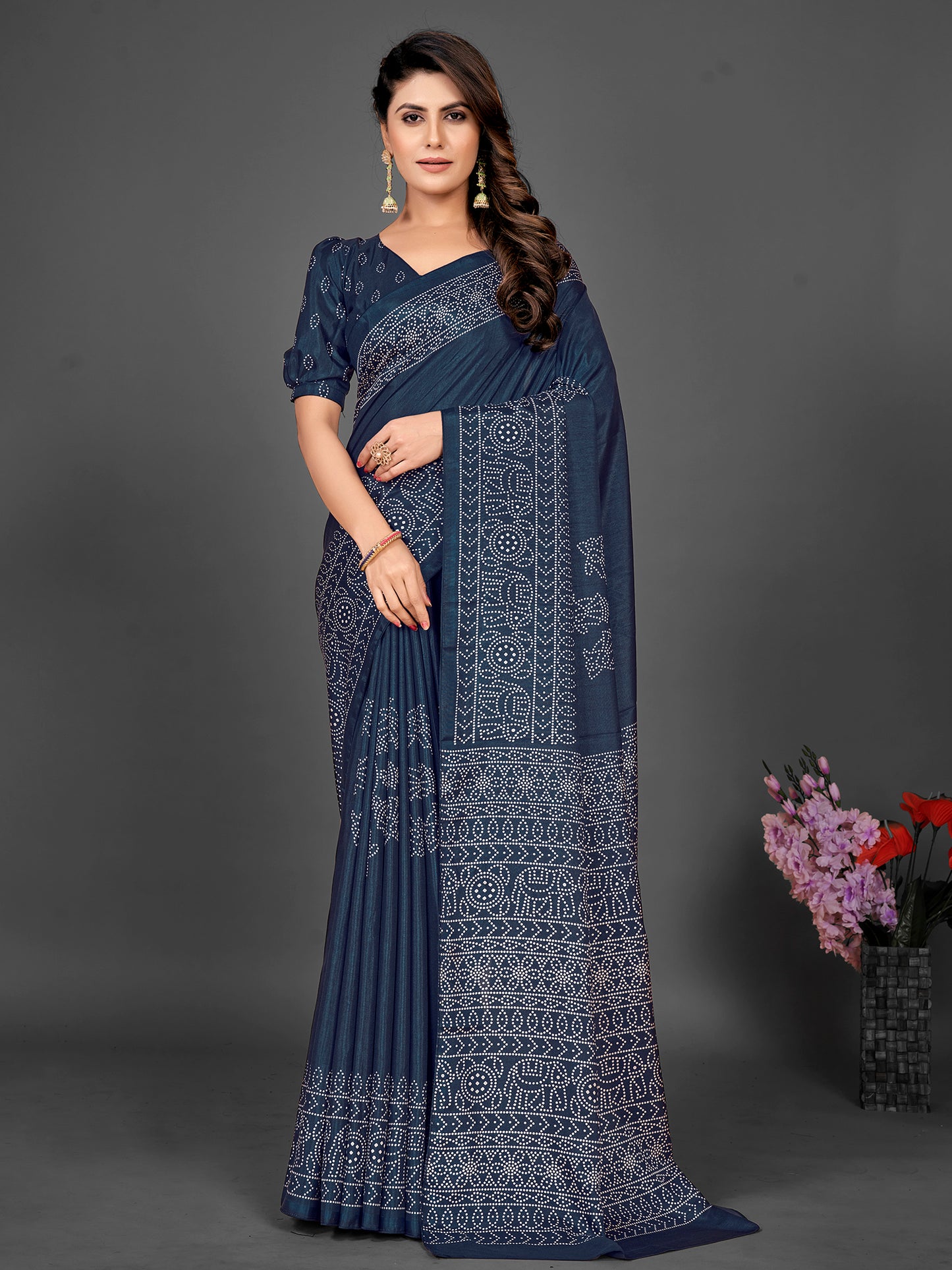 Women's Dola Silk Navy Blue Printed Designer Saree With Blouse Piece