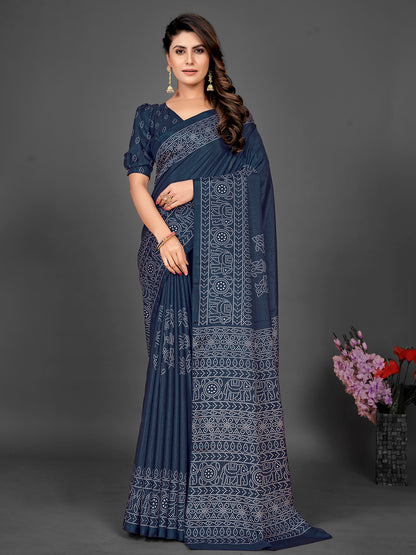 Women's Dola Silk Navy Blue Printed Designer Saree With Blouse Piece