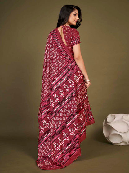 Women's Dola Silk Maroon Printed Designer Saree With Blouse Piece