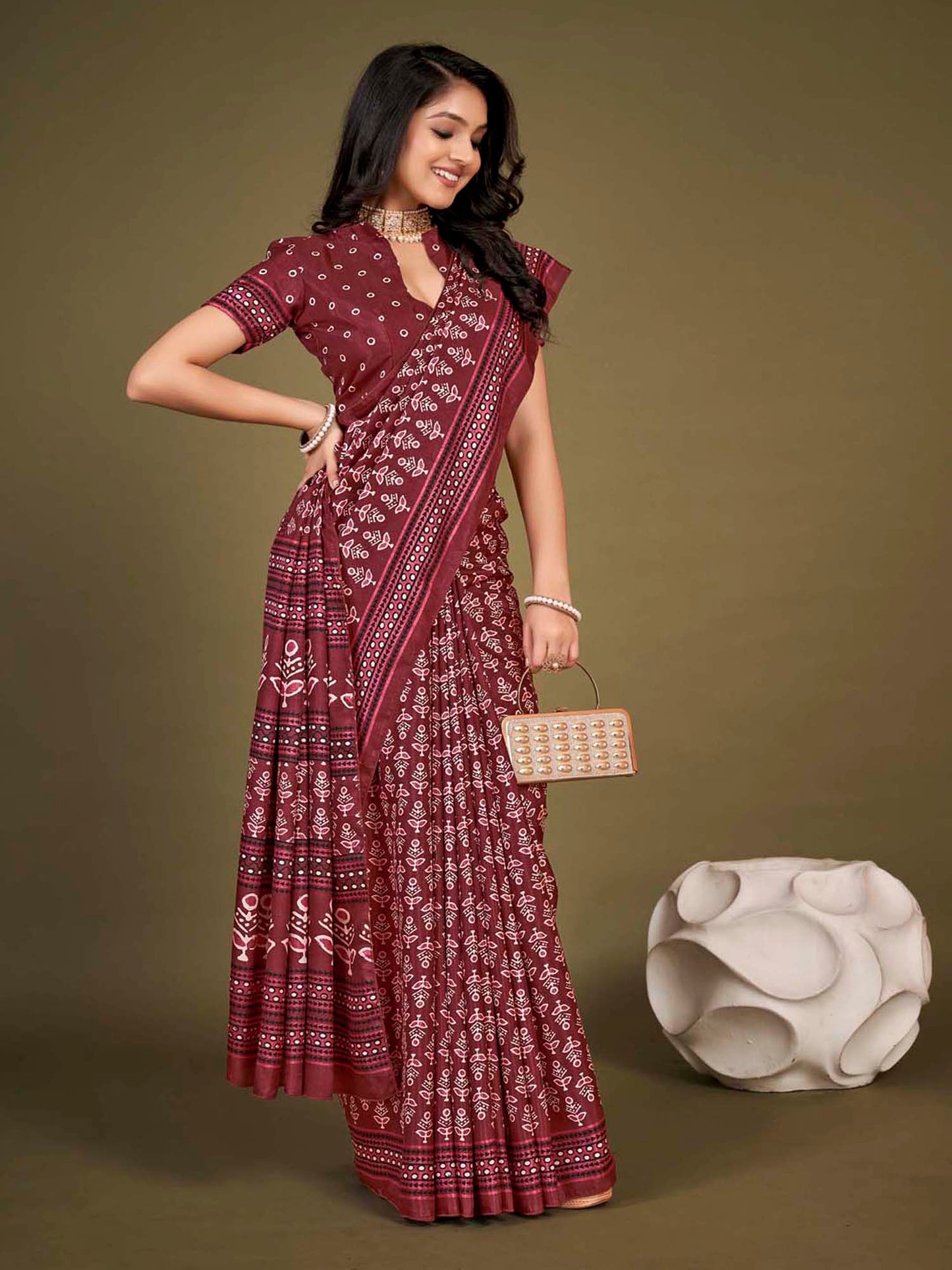 Women's Dola Silk Maroon Printed Designer Saree With Blouse Piece