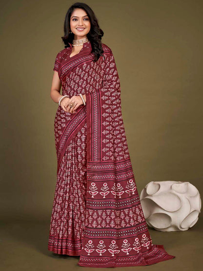 Women's Dola Silk Maroon Printed Designer Saree With Blouse Piece