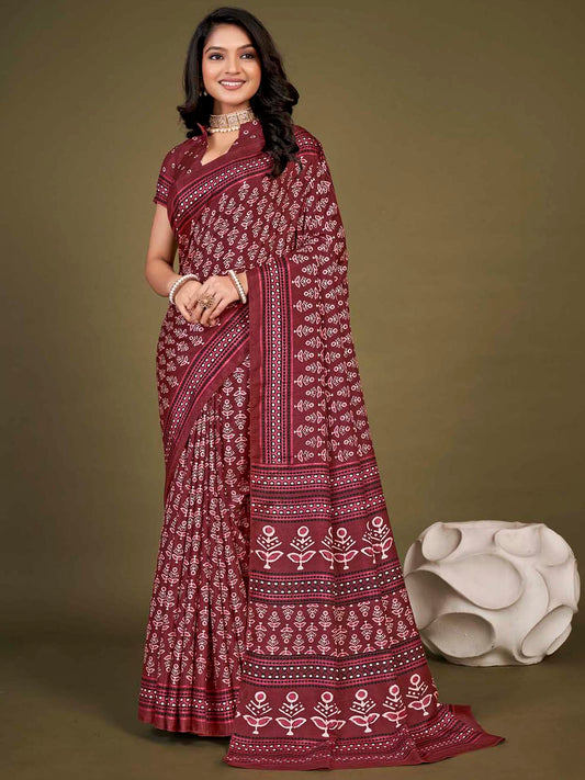 Women's Dola Silk Maroon Printed Designer Saree With Blouse Piece