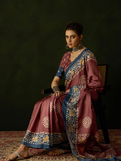 Women's Dola Silk Brown Printed Designer Saree With Blouse Piece