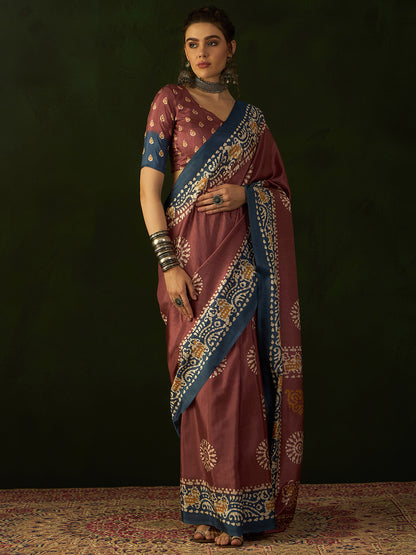 Women's Dola Silk Brown Printed Designer Saree With Blouse Piece