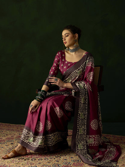 Women's Dola Silk Magenta Printed Designer Saree With Blouse Piece