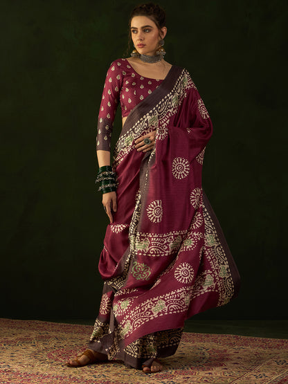 Women's Dola Silk Magenta Printed Designer Saree With Blouse Piece
