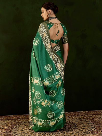 Women's Dola Silk Teal green Printed Designer Saree With Blouse Piece