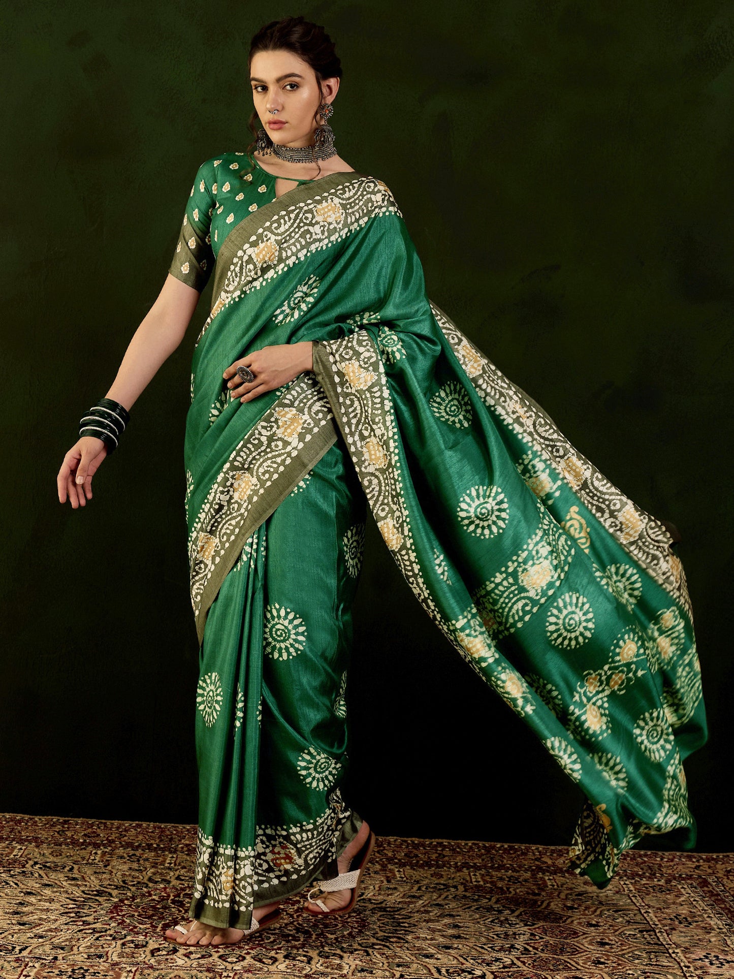 Women's Dola Silk Teal green Printed Designer Saree With Blouse Piece