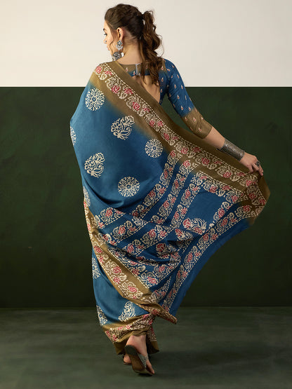 Women's Dola Silk Teal blue Printed Designer Saree With Blouse Piece