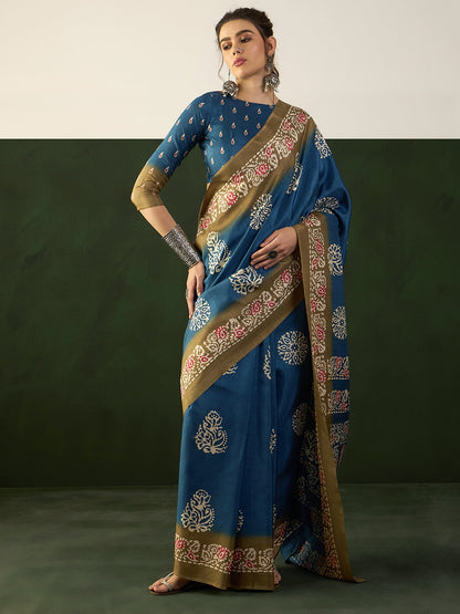 Women's Dola Silk Teal blue Printed Designer Saree With Blouse Piece