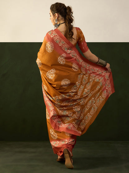 Women's Dola Silk Mustard Printed Designer Saree With Blouse Piece