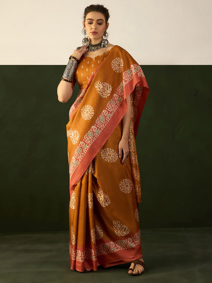 Women's Dola Silk Mustard Printed Designer Saree With Blouse Piece