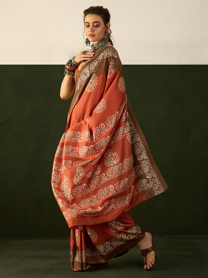 Women's Dola Silk Rust Printed Designer Saree With Blouse Piece