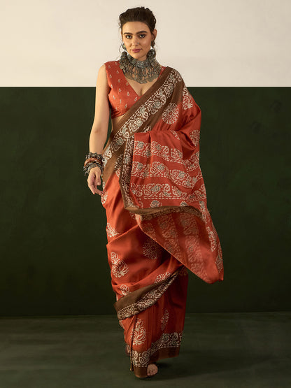 Women's Dola Silk Rust Printed Designer Saree With Blouse Piece