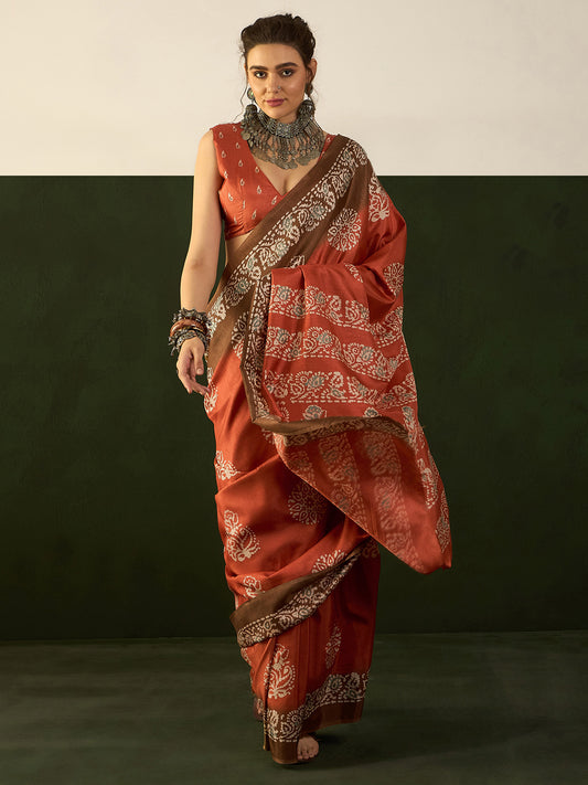 Women's Dola Silk Rust Printed Designer Saree With Blouse Piece