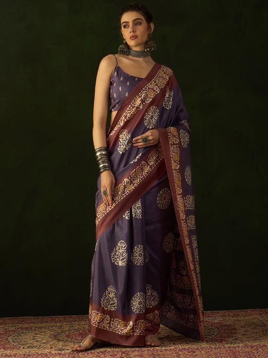 Women's Dola Silk Purple Printed Designer Saree With Blouse Piece
