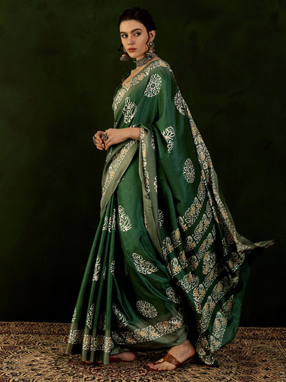 Women's Dola Silk Green Printed Designer Saree With Blouse Piece