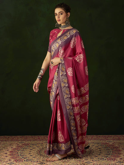 Women's Dola Silk Pink Printed Designer Saree With Blouse Piece