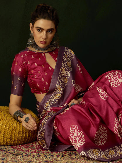 Women's Dola Silk Pink Printed Designer Saree With Blouse Piece