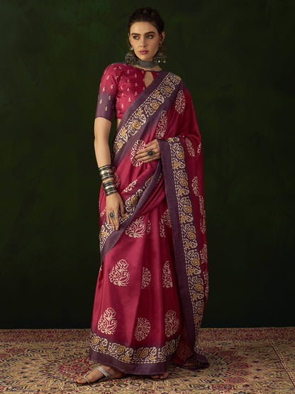 Women's Dola Silk Pink Printed Designer Saree With Blouse Piece