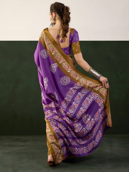 Women's Dola Silk Purple Printed Designer Saree With Blouse Piece