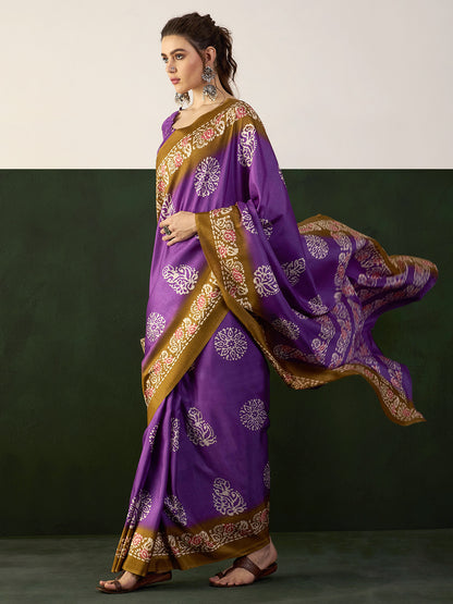 Women's Dola Silk Purple Printed Designer Saree With Blouse Piece