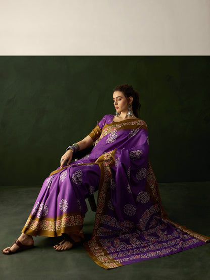 Women's Dola Silk Purple Printed Designer Saree With Blouse Piece