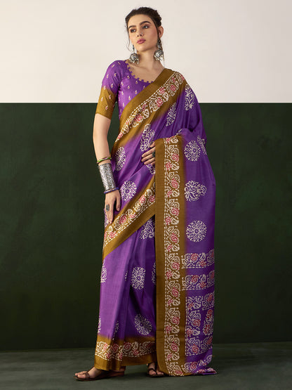 Women's Dola Silk Purple Printed Designer Saree With Blouse Piece