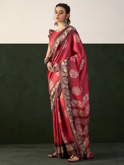 Women's Dola Silk Maroon Printed Designer Saree With Blouse Piece