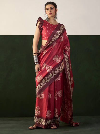 Women's Dola Silk Maroon Printed Designer Saree With Blouse Piece