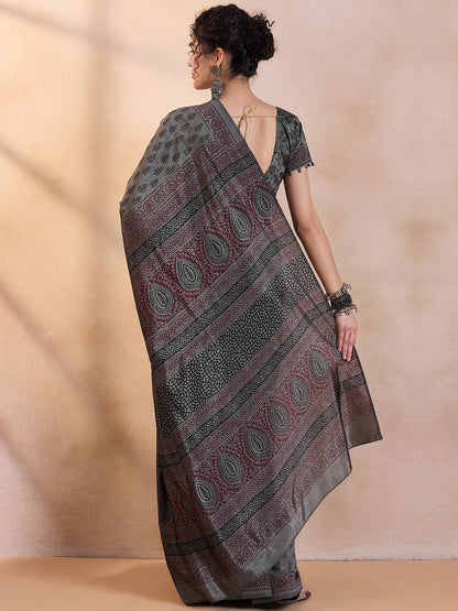 Women's Dola Silk Grey Printed Designer Saree With Blouse Piece