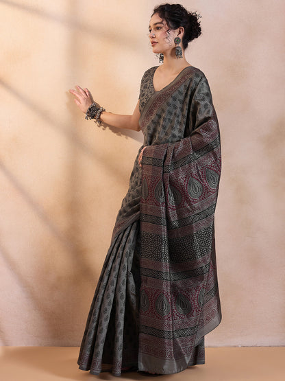 Women's Dola Silk Grey Printed Designer Saree With Blouse Piece