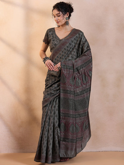 Women's Dola Silk Grey Printed Designer Saree With Blouse Piece