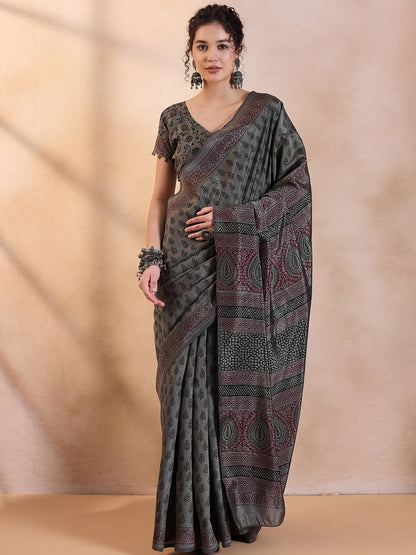 Women's Dola Silk Grey Printed Designer Saree With Blouse Piece