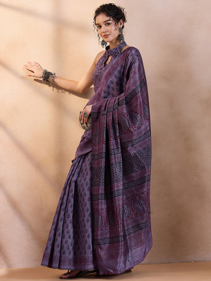 Women's Dola Silk Mauve Printed Designer Saree With Blouse Piece