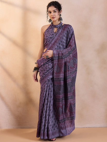 Women's Dola Silk Mauve Printed Designer Saree With Blouse Piece