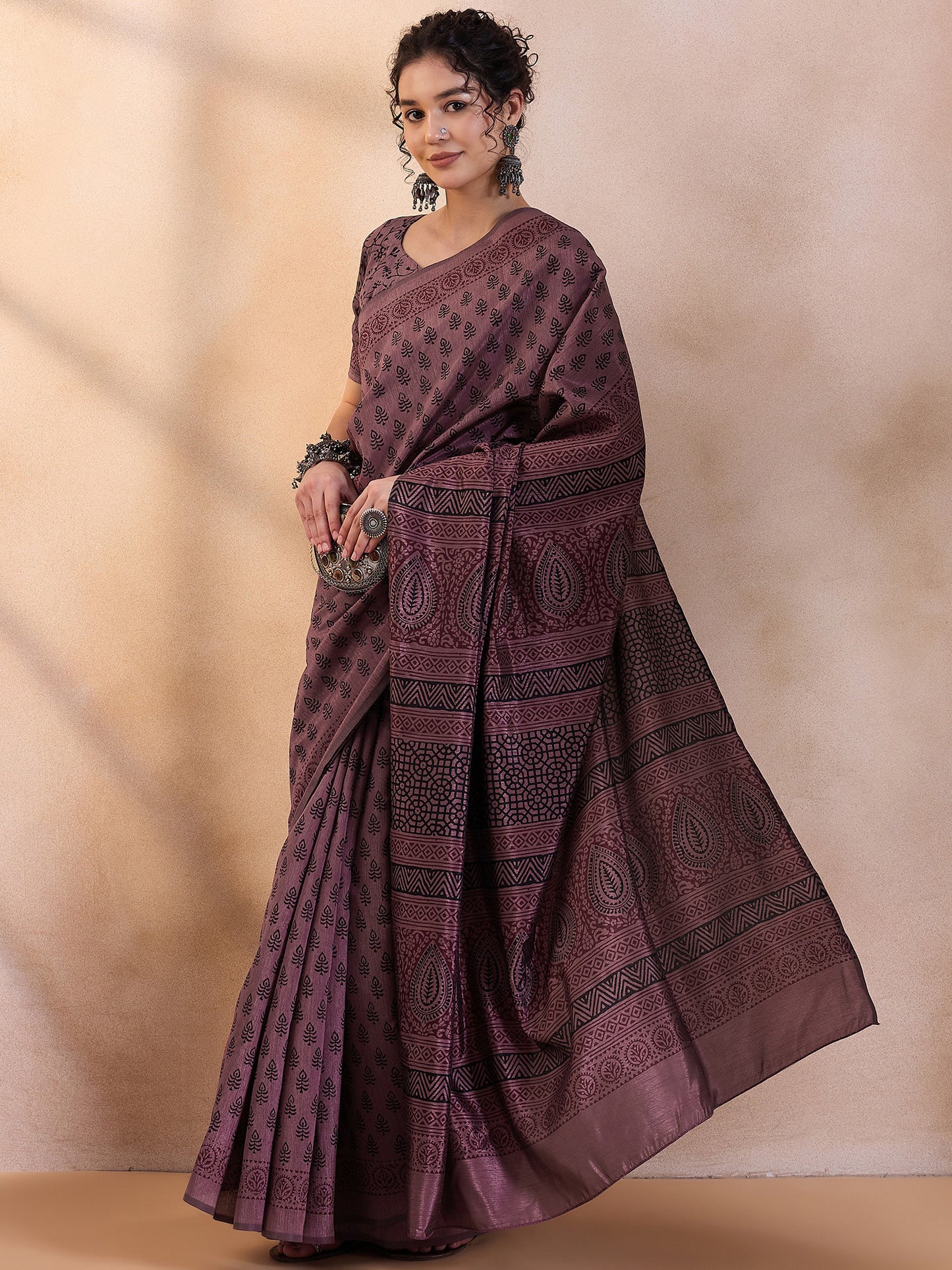 Women's Dola Silk Brown Printed Designer Saree With Blouse Piece