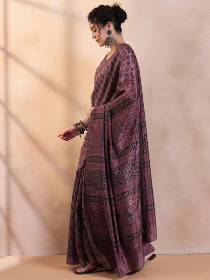 Women's Dola Silk Brown Printed Designer Saree With Blouse Piece