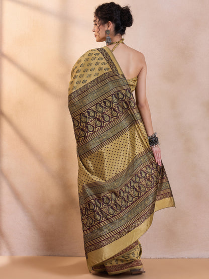 Women's Dola Silk Beige Printed Designer Saree With Blouse Piece