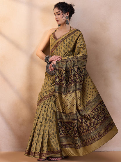 Women's Dola Silk Beige Printed Designer Saree With Blouse Piece