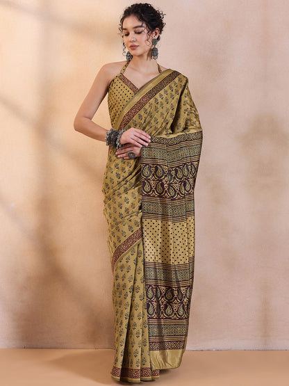 Women's Dola Silk Beige Printed Designer Saree With Blouse Piece