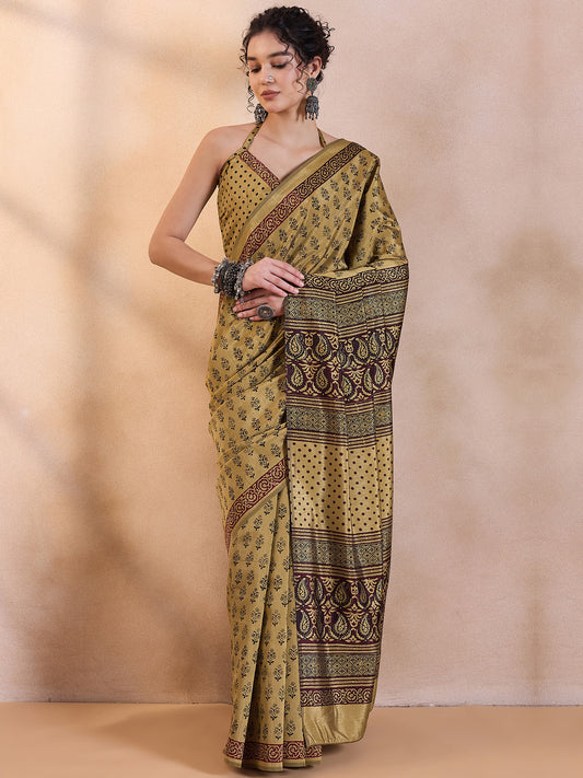 Women's Dola Silk Beige Printed Designer Saree With Blouse Piece