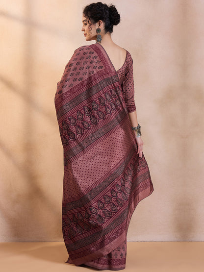 Women's Dola Silk Brown Printed Designer Saree With Blouse Piece