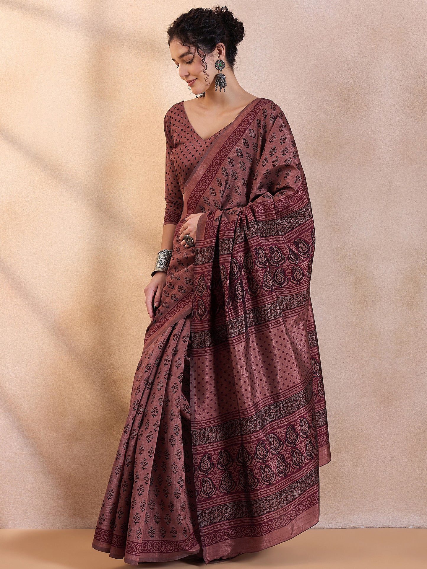 Women's Dola Silk Brown Printed Designer Saree With Blouse Piece