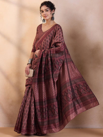 Women's Dola Silk Brown Printed Designer Saree With Blouse Piece