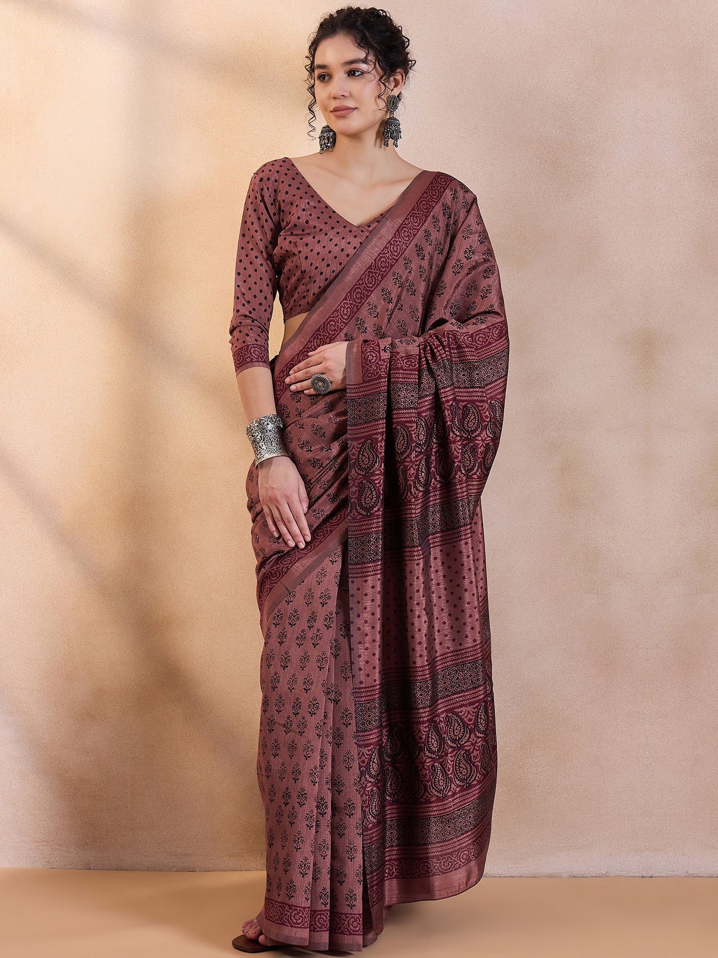Women's Dola Silk Brown Printed Designer Saree With Blouse Piece