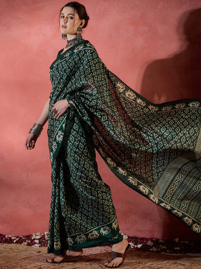 Women's Dola Silk Green Printed Designer Saree With Blouse Piece