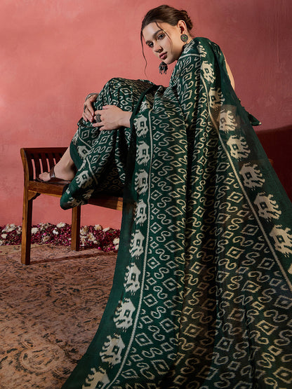 Women's Dola Silk Green Printed Designer Saree With Blouse Piece