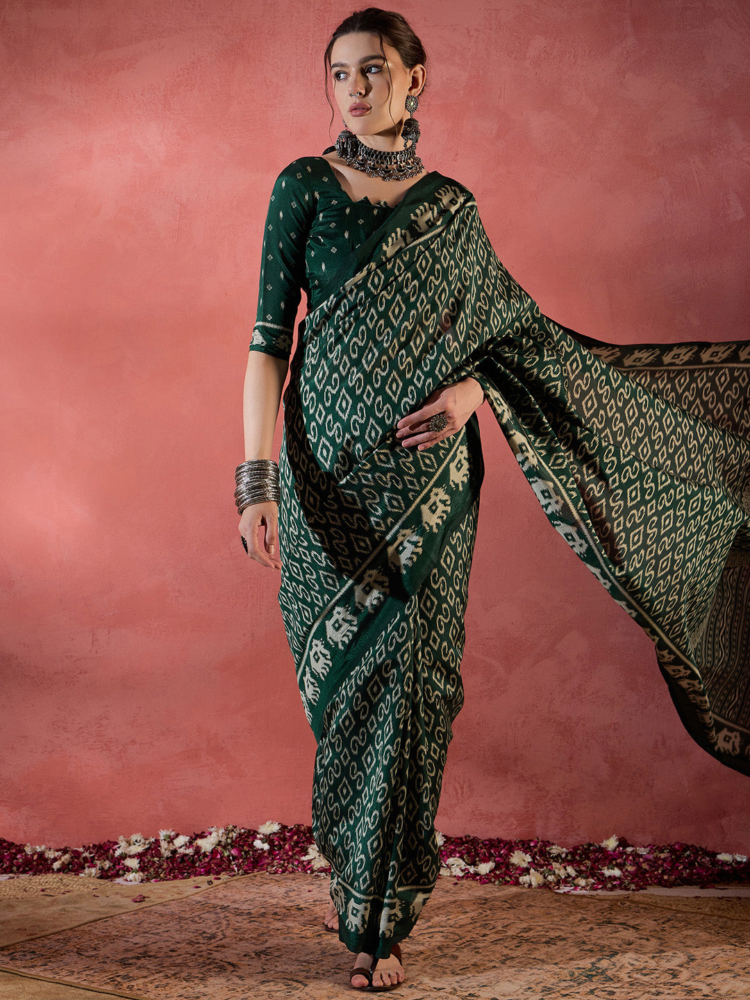 Women's Dola Silk Green Printed Designer Saree With Blouse Piece