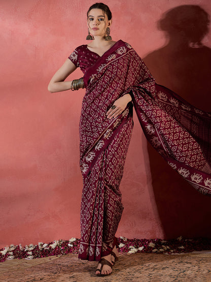 Women's Dola Silk Maroon Printed Designer Saree With Blouse Piece